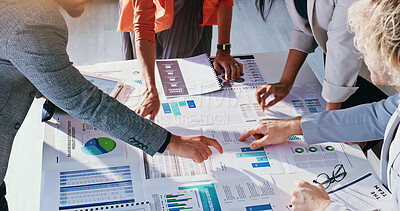 Buy stock photo Meeting, hands and business people with paperwork, chart or budget report for sales review. Team, tech and workers with documents, graph and campaign for website traffic, market research or kpi trend
