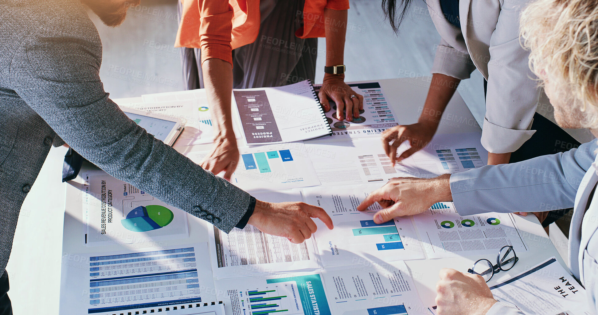 Buy stock photo Meeting, hands and business people with paperwork, chart or budget report for sales review. Team, tech and workers with documents, graph and campaign for website traffic, market research or kpi trend