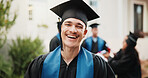 Laugh, student and man on campus for graduation, academic ceremony and success at university. Graduate, portrait and person at college for studying, education achievement or milestone for scholarship
