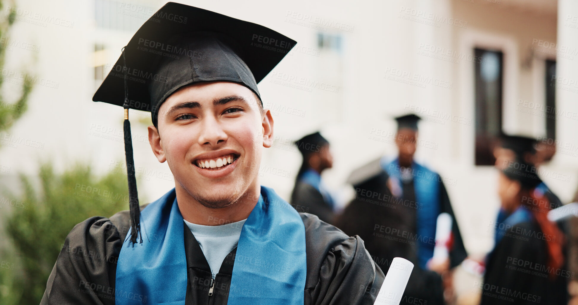 Buy stock photo Education, man and happy with diploma for graduation, degree ceremony and academic milestone. Portrait, student and smile outdoor for masters qualification event, certificate pride and graduate class