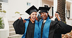 Portrait, women and students at campus for graduation, ceremony and diploma for degree completion. Smile, friends and graduate outdoor with college alumni, accolade award and learning accomplishment