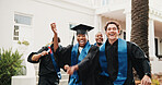 Excited, man and friends with celebration for graduation, degree ceremony and academic success. Cheering, students and happy outdoor for masters qualification, achievement portrait and graduate class