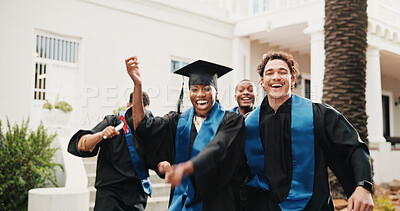 Buy stock photo Excited, man and friends with celebration for graduation, degree ceremony and academic success. Cheering, students and happy outdoor for masters qualification, achievement portrait and graduate class
