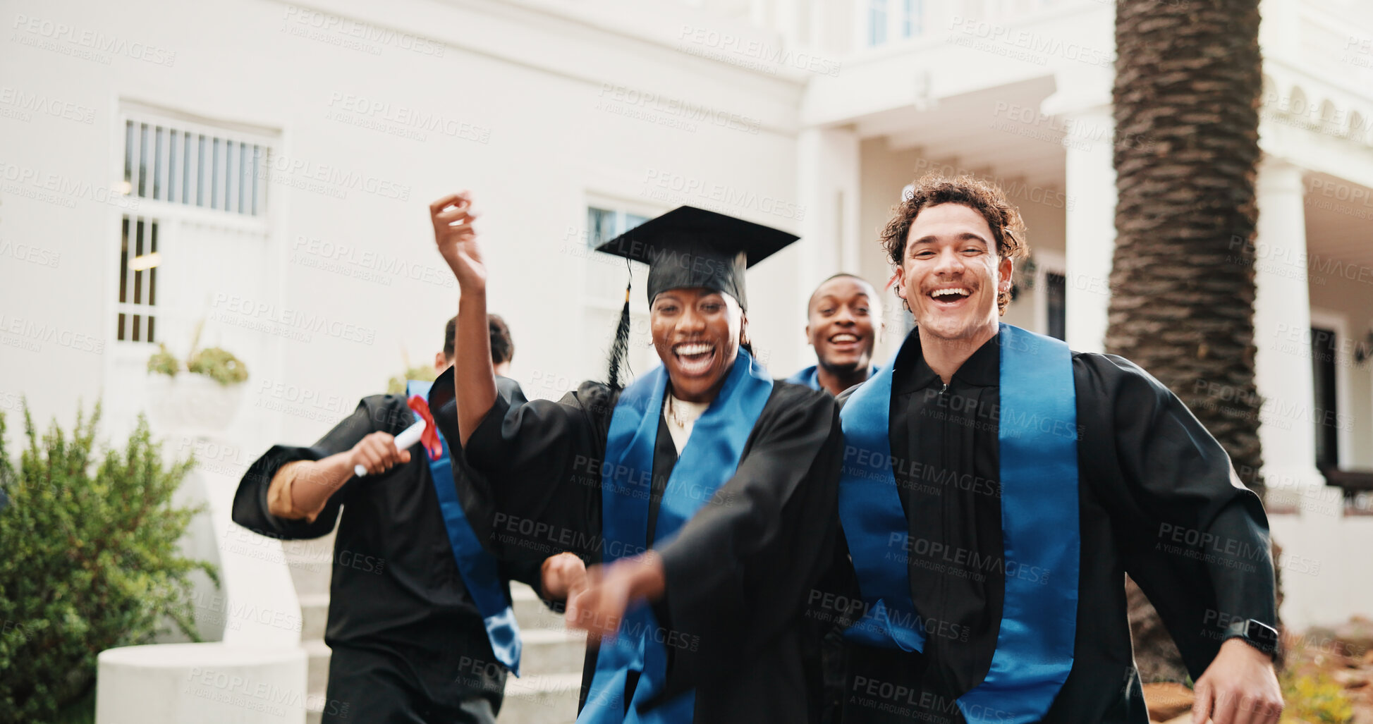 Buy stock photo Excited, man and friends with celebration for graduation, degree ceremony and academic success. Cheering, students and happy outdoor for masters qualification, achievement portrait and graduate class