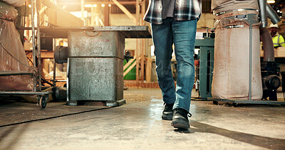 Buy stock photo Legs, walking and person in workshop for carpentry, woodworking or trade with manufacturing. Employee, foreman and work boots for furniture production, maintenance and industrial labor for service