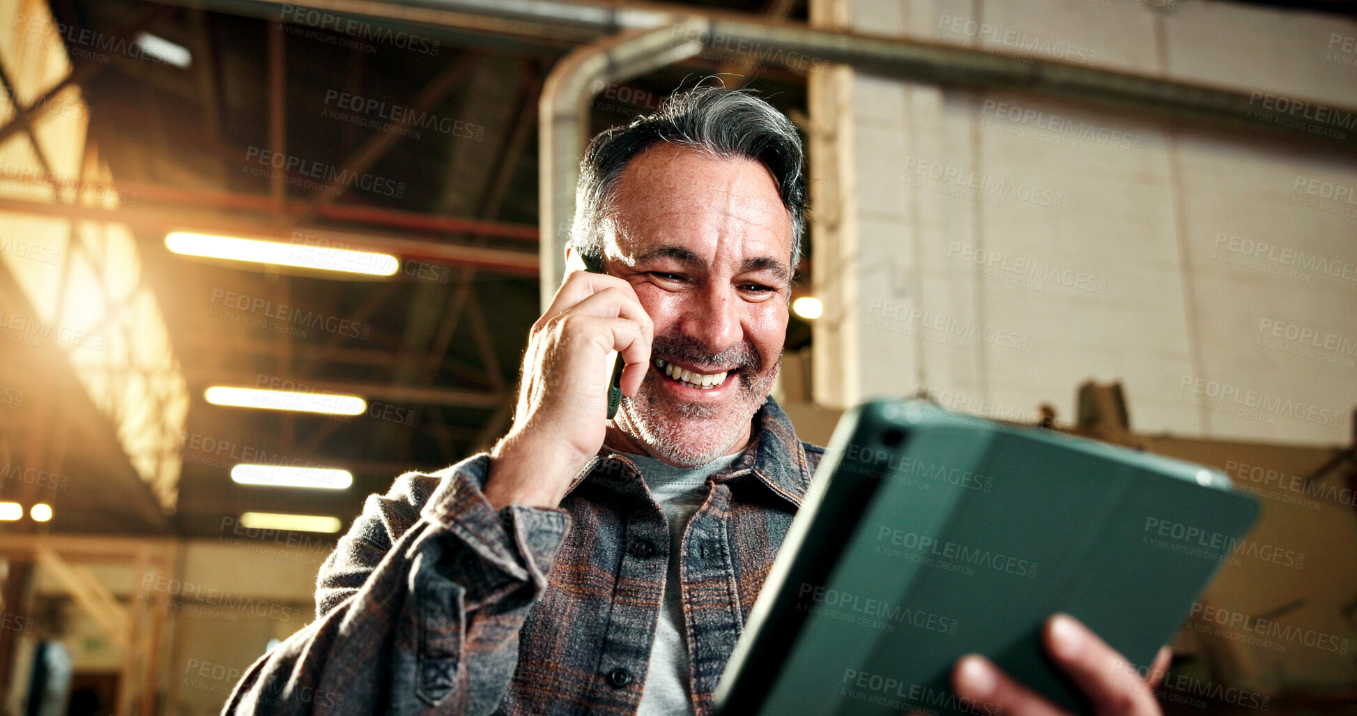 Buy stock photo Carpentry, tablet or man in workshop with phone call, design approval or good news in online chat. Happy, digital or mature artisan with tech, positive feedback or project agreement in communication.