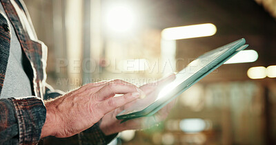 Buy stock photo Hands, carpenter and review in workshop with tablet, research and timber inventory for production. Flare, person and digital at warehouse for carpentry, inspection report and manufacturing furniture