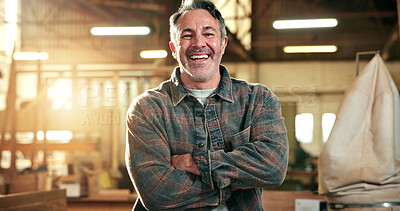 Buy stock photo Woodworking, portrait and man with arms crossed in workshop, laughing or artisan with career growth. Manufacturing, carpenter and mature person with pride, happy and furniture production in factory