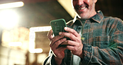 Buy stock photo Carpentry, happy and hands in warehouse with phone, permit approval and good news in online feedback. Smile, man and carpenter with tech, compliance passed and project agreement in client response.