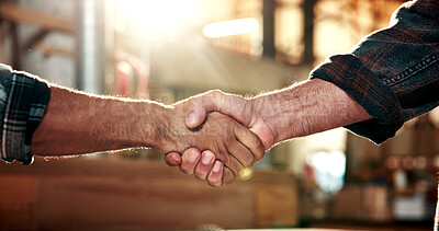 Buy stock photo Carpenter, handshake and men together for teamwork, lumberjack and clipboard for production agenda. People, shaking hands and collaboration on project for woodwork, industrial and success in workshop