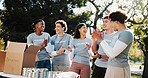 Group, volunteer and winning with applause in park for outdoor outreach, donation or charity. Happy people, activist or NGO team clapping with smile for success, community service or achievement