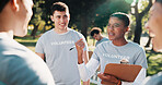 Volunteer, talking and people with clipboard for planning, checklist and grocery list for donation. Outdoor, paperwork and woman with team for food drive, inventory and organize for charity outreach