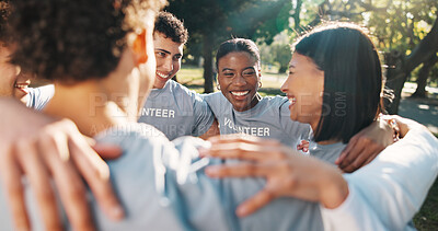 Buy stock photo Volunteer, group and park in huddle for outreach, charity or community service together in nature. Happy, NGO team or people in circle with smile or trust for solidarity, support or social cohesion