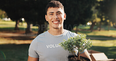 Buy stock photo Volunteer, man and happy at park for plant restoration, eco advocate and ngo for green initiative. Non profit, person or bonsai portrait for community greening, environment outreach or climate action