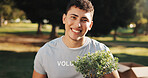 Volunteer, man and smile at park for plant restoration, eco advocate and ngo for green initiative. Non profit, person or leaves portrait for community greening, environment outreach or climate action