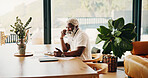 Phone call, advice and notebook with old man in home for banking update, account review and contact. Communication, retirement budget and audit balance with African person for finance planning