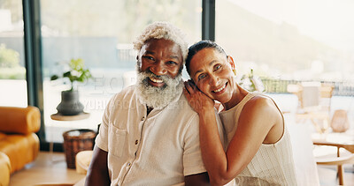 Buy stock photo Love, smile and portrait with interracial couple in home for bonding, connection and support. Commitment, relax and care with senior man and woman in living room in house for rest and weekend break