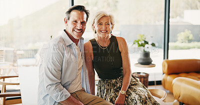Buy stock photo Love, portrait or couple in house with hug, partner comfort or bonding together with weekend break. Tender, smile or mature people with embrace, happy moment or connection in romantic relationship.
