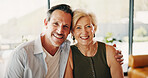 Pride, portrait or couple in home with hug, partner comfort or bonding together with weekend break. Tender, smile or mature people with embrace, happy moment or connection in romantic relationship.
