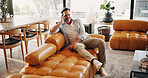 Relax, man or happy on sofa with phone call, friendly chat or weekend catch up in free time. Chill, mature person or mobile contact in home with positive conversation, share news or online connection