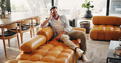 Buy stock photo Relax, man or happy on sofa with phone call, friendly chat or weekend catch up in free time. Chill, mature person or mobile contact in home with positive conversation, share news or online connection