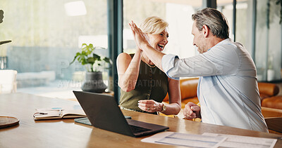 Buy stock photo Laptop, couple and excited in home with high five, 401k withdrawal or happy for loan settlement. Laughing, mature people and tech with celebration for annuity payout, financial security or debt free