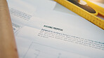 Planning, construction and paper with proposal with documents for building, tools or expansion. Architecture, infrastructure engineering or renovation with gear for property developer or project