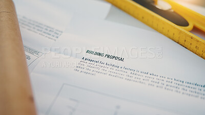 Buy stock photo Planning, construction and paper with proposal with documents for building, tools or expansion. Architecture, infrastructure engineering or renovation with gear for property developer or project