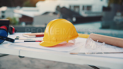 Buy stock photo Sketch, construction and helmet with blueprint with documents for building, tool or expansion. Architecture, infrastructure engineering or renovation with floor plan for property developer or project