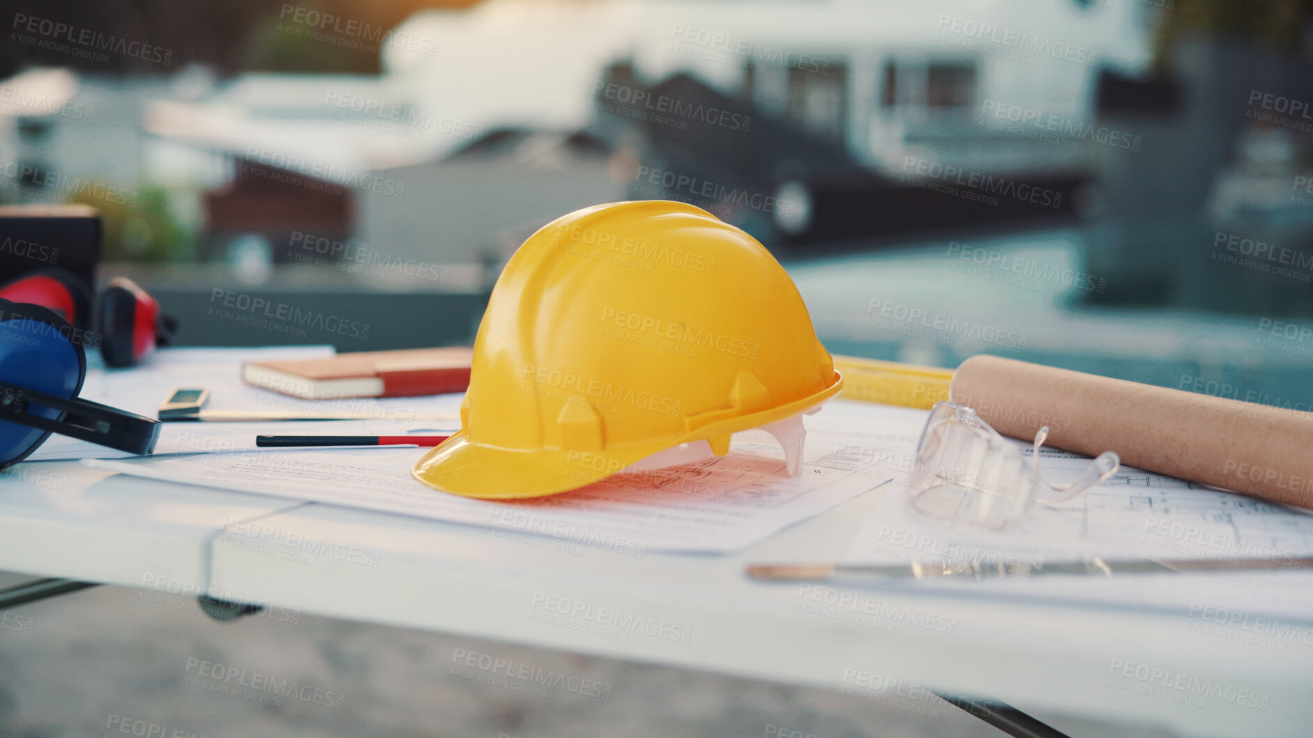 Buy stock photo Sketch, construction and helmet with blueprint with documents for building, tool or expansion. Architecture, infrastructure engineering or renovation with floor plan for property developer or project