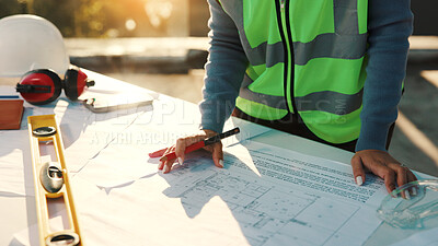 Buy stock photo Sketch, construction and hands with blueprint with documents for building, tools or expansion. Architecture, infrastructure engineering or renovation with floor plan and person for property developer