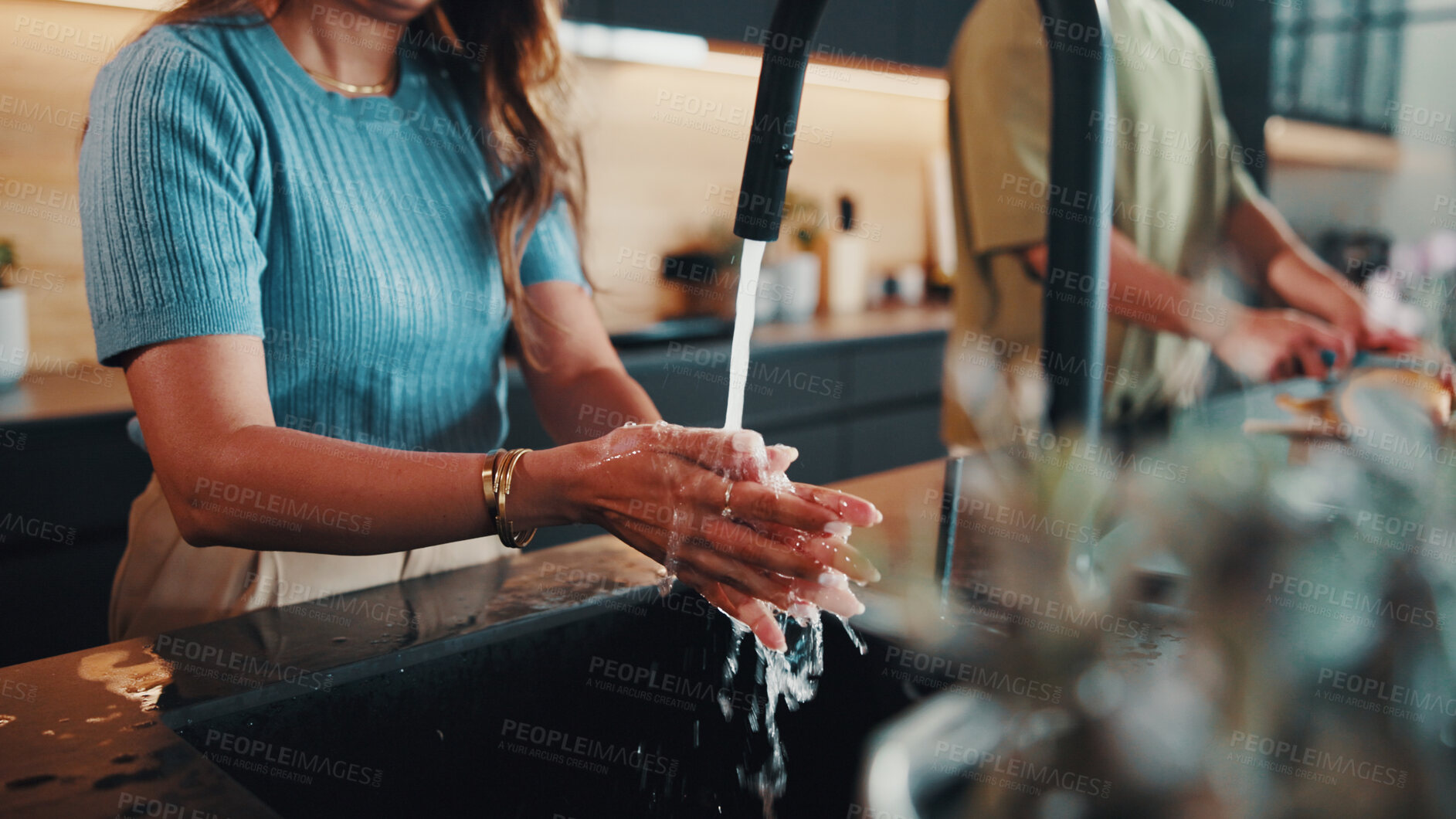 Buy stock photo Health, water and woman in kitchen with hand washing, bacteria prevention and sanitation for safety. Wellness, cleaning and person at sink with faucet, germ protection and hygiene routine in home.