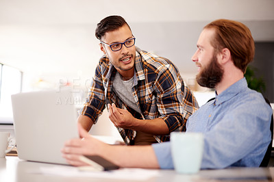 Buy stock photo Business people, designers or discussion with laptop for project, teamwork or planning at office. Businessmen, creative employees or research with computer for graphic design, ideas or collaboration