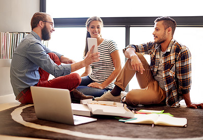 Buy stock photo Lunch, colleagues and people with smartphone, online and showing email to friends, happy or web design. Digital, graphic designer and group with smile for message, pizza or team with laptop in office