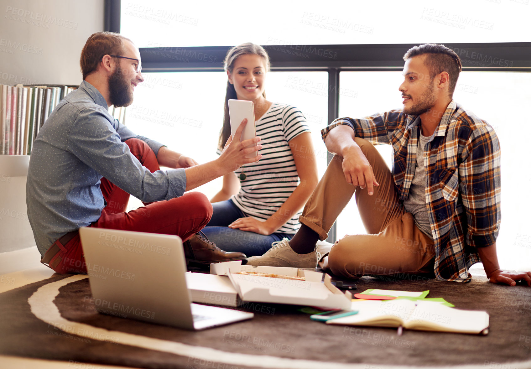 Buy stock photo Lunch, colleagues and people with smartphone, online and showing email to friends, happy or web design. Digital, graphic designer and group with smile for message, pizza or team with laptop in office