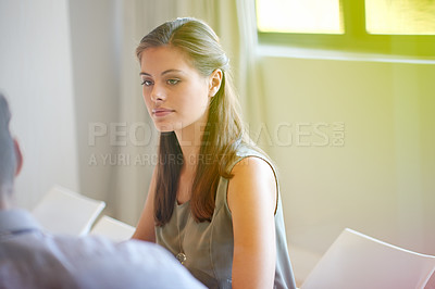 Buy stock photo Business woman, idea and feedback in meeting for project administration, proposal and planning in office. Manager, team and conversation with report for discussion, research or briefing communication