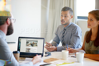 Buy stock photo Meeting, colleagues and group with laptop, boardroom and business pitch for funding, screen and web. Collaboration, team and people with client for investment, discussion and planning for opportunity