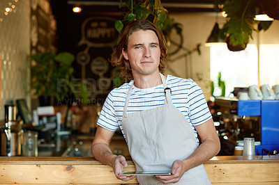 Buy stock photo Tablet, portrait and smile with waiter in cafe for inventory, menu planning and supply stock order. Restaurant manager, digital checklist and search with person in coffee shop as small business owner