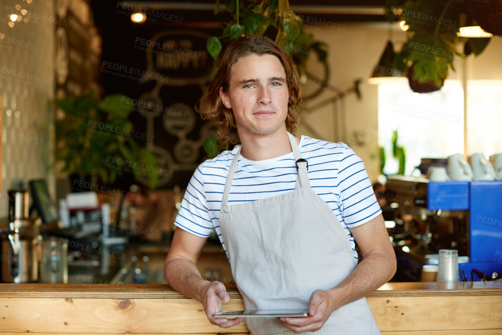 Buy stock photo Tablet, portrait and smile with waiter in cafe for inventory, menu planning and supply stock order. Restaurant manager, digital checklist and search with person in coffee shop as small business owner