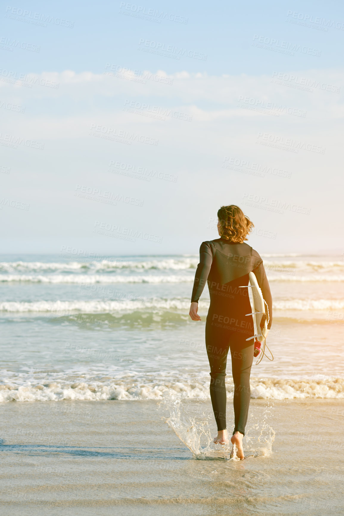 Buy stock photo Beach, surfboard and man with vacation, back and space with tourism, waves and hobby. Extreme sports, outdoor and person with recreation, holiday and nature with fitness, ocean and travel in Miami
