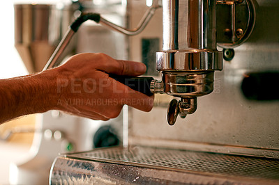 Buy stock photo Coffee, machine and hands of barista in cafe to prepare cappuccino, espresso and caffeine beverage. Fresh brew, ground beans and closeup of person for service in restaurant, cafeteria and diner