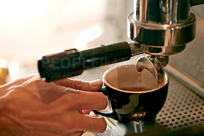 Buy stock photo Barista, hand and cup on machine for coffee, espresso extraction and beverage preparation. Person, mug and appliance in cafe for caffeine drink, brewing process and hospitality in service industry