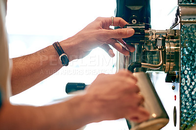 Buy stock photo Coffee machine, hands and barista in cafe with jug for morning drink, service and small business. Restaurant, hospitality and closeup of person with process to steam milk for cappuccino at shop