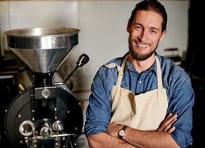 Buy stock photo Arms crossed, portrait and smile of man with roaster in coffee shop for manufacturing or production. Apron, confident and brewing with happy employee in kitchen of cafe or restaurant for process