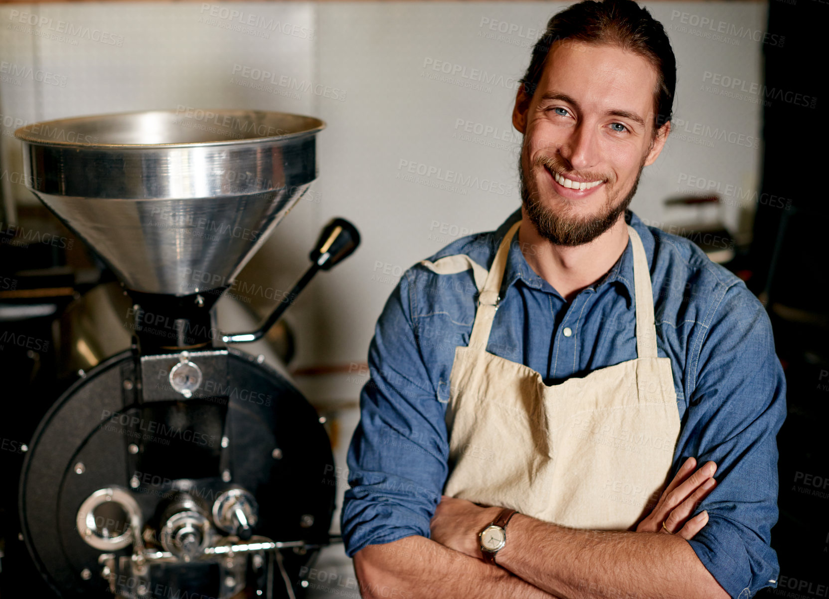 Buy stock photo Arms crossed, portrait and smile of man with roaster in coffee shop for manufacturing or production. Apron, confident and brewing with happy employee in kitchen of cafe or restaurant for process