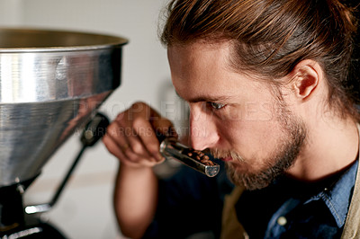 Buy stock photo Smelling, coffee beans and man with machine, cafe and inspection of caffeine, server and small business. Scent, employee and barista with seeds for beverage, morning and person with aroma of product