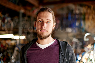 Buy stock photo Man, portrait and technician in bicycle repair shop for maintenance, confidence and garage. Bike, mechanic and service with a professional handyman for startup, small business and workshop for fixing