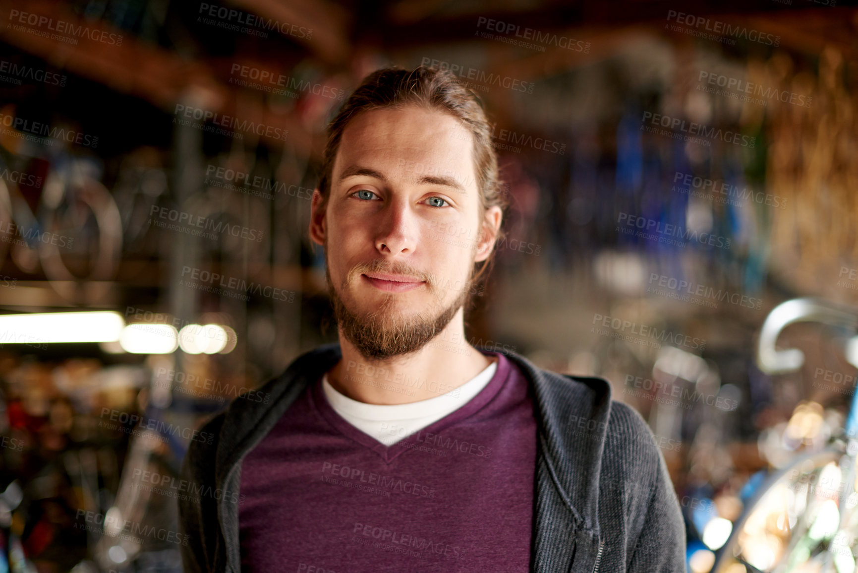 Buy stock photo Man, portrait and technician in bicycle repair shop for maintenance, confidence and garage. Bike, mechanic and service with a professional handyman for startup, small business and workshop for fixing