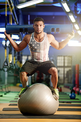 Buy stock photo Squat, balance or man with ball for gym fitness for mobility practice, training or workout. Athletes, agility or strong gymnast in club with stability trainer for athletics, acrobatics or exercise
