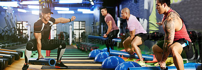 Buy stock photo Coach, squat and people with equipment for training class, legs workout or core strength. Athletes, personal trainer and men in group with weight gear for fitness lesson, body health or gym support